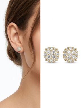 Classic Gold and Crystal Cluster Stud Earrings - Women Jewelry with Box